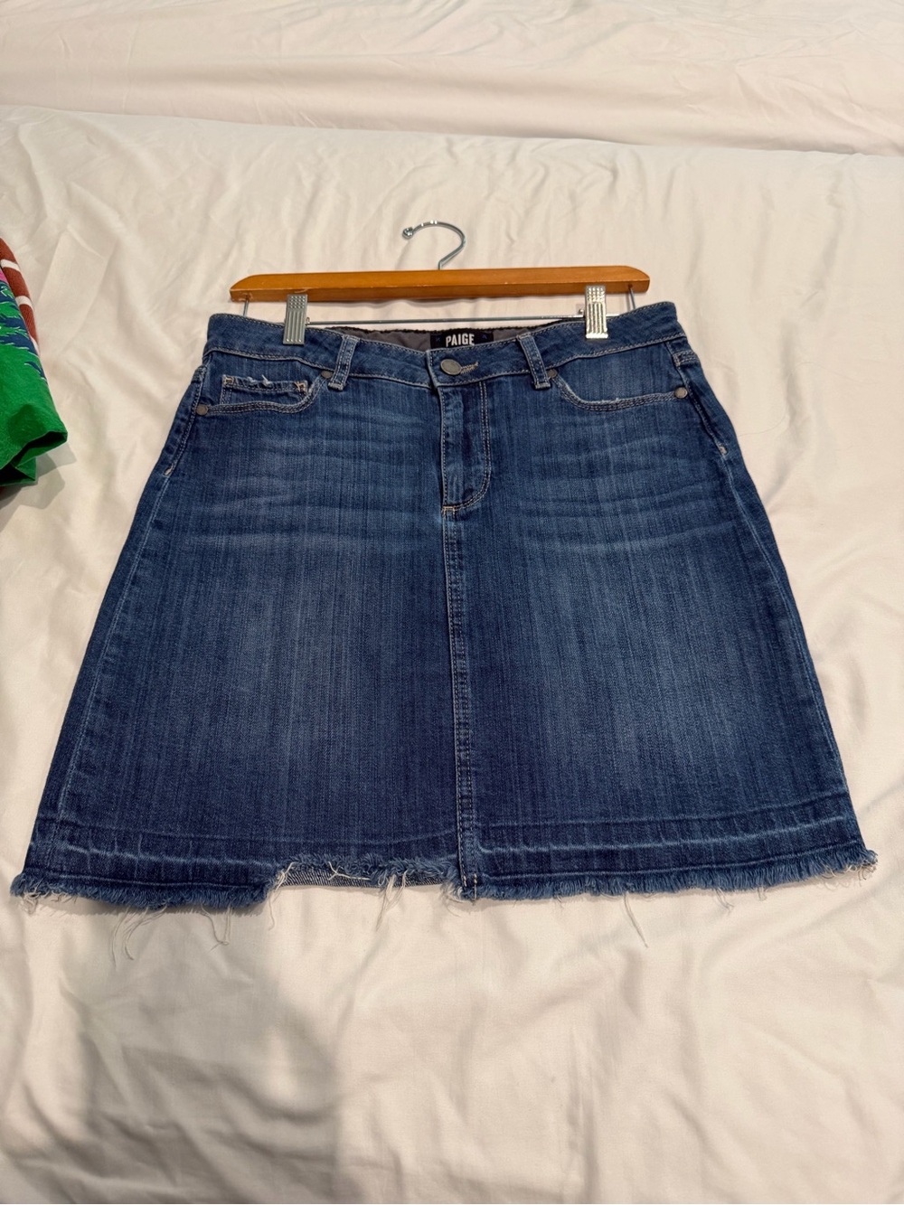 PAIGE Medium Blue Denim A-Line Skirt with Frayed Hem